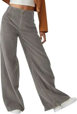 Women Fashion Button Elastic High Waist Trousers Solid Loose Wide Leg Pants Casual Straight Leg Pants with Pocket