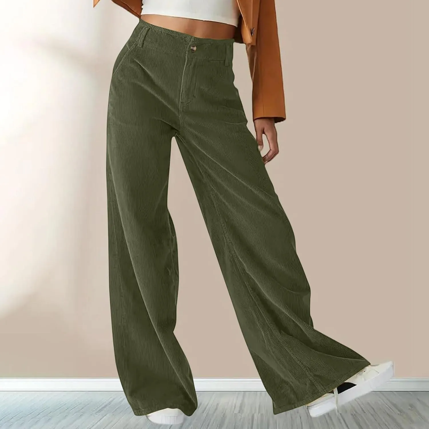 Women Fashion Button Elastic High Waist Trousers Solid Loose Wide Leg Pants Casual Straight Leg Pants with Pocket