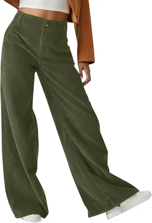 Women Fashion Button Elastic High Waist Trousers Solid Loose Wide Leg Pants Casual Straight Leg Pants with Pocket