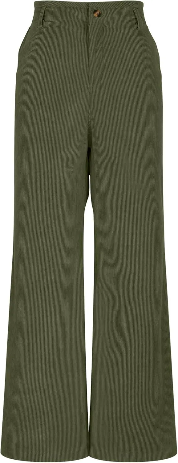 Women Fashion Button Elastic High Waist Trousers Solid Loose Wide Leg Pants Casual Straight Leg Pants with Pocket
