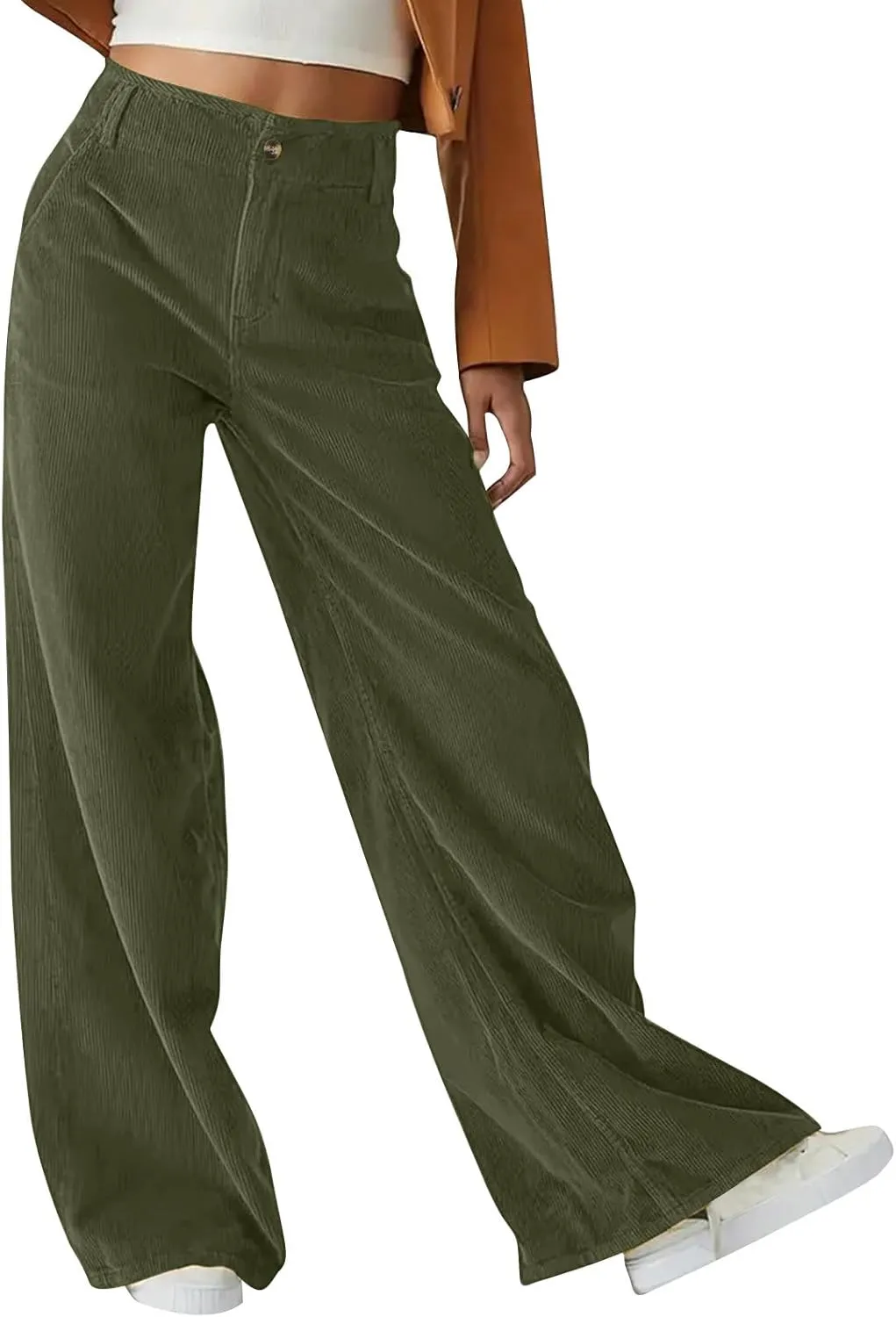 Women Fashion Button Elastic High Waist Trousers Solid Loose Wide Leg Pants Casual Straight Leg Pants with Pocket