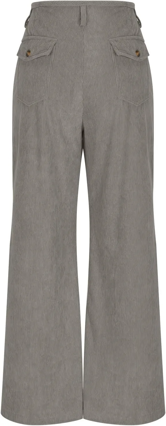 Women Fashion Button Elastic High Waist Trousers Solid Loose Wide Leg Pants Casual Straight Leg Pants with Pocket
