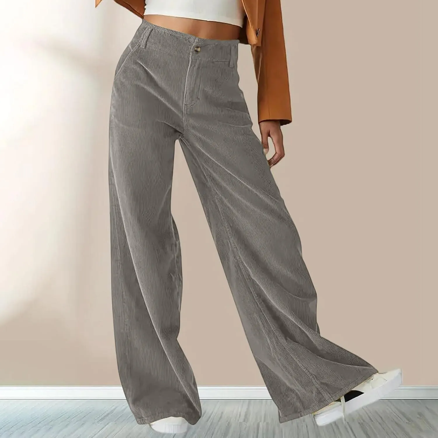 Women Fashion Button Elastic High Waist Trousers Solid Loose Wide Leg Pants Casual Straight Leg Pants with Pocket