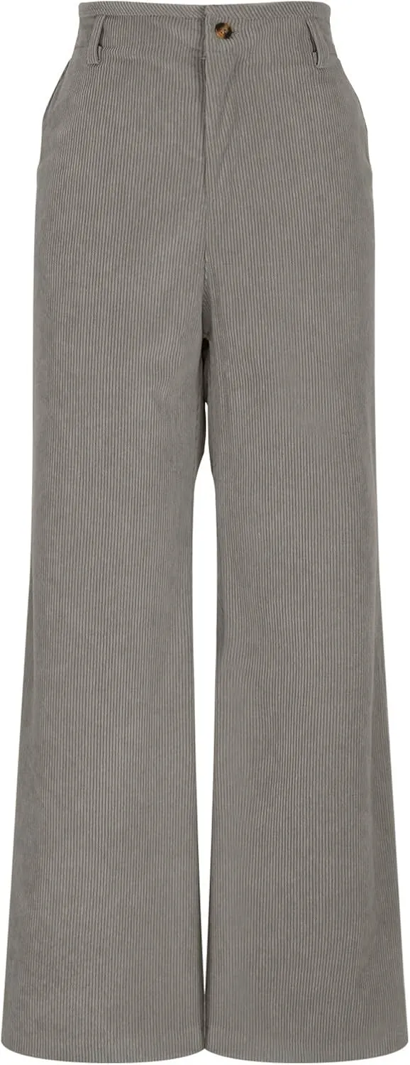 Women Fashion Button Elastic High Waist Trousers Solid Loose Wide Leg Pants Casual Straight Leg Pants with Pocket