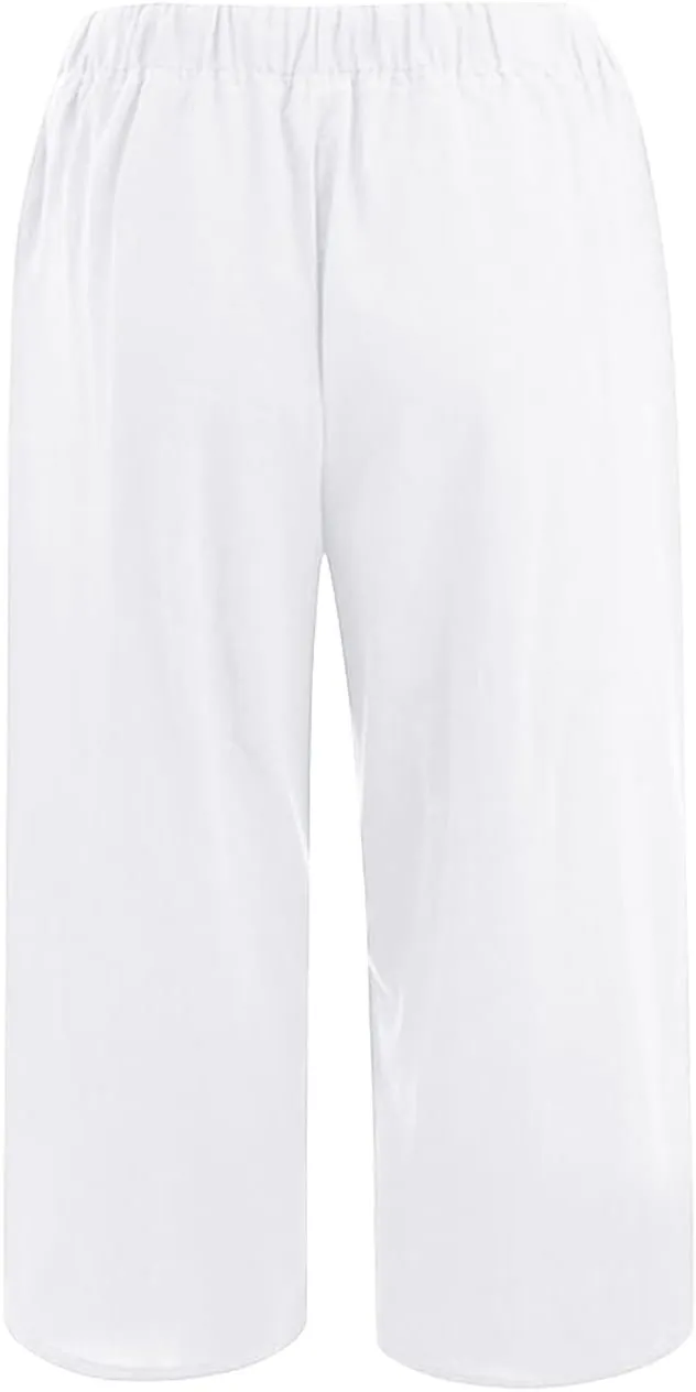 Women Fashion Solid Color Cotton Elastic Long Pants Beach Leisure Trousers Crop Length Pants Linen