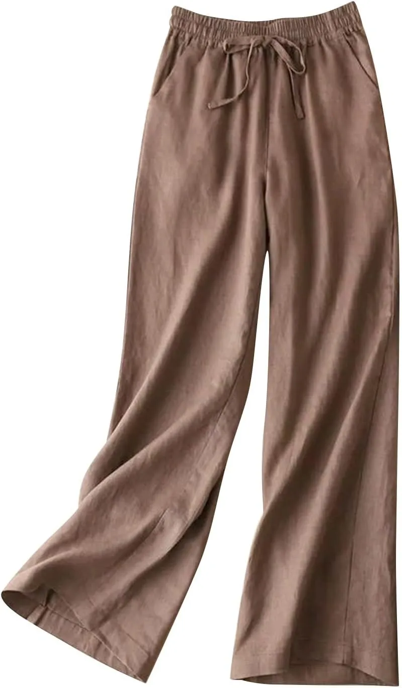 Women Fashion Solid Color Cotton Elastic Long Pants Beach Leisure Trousers