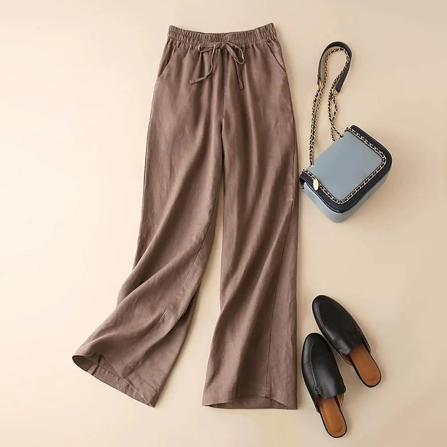 Women Fashion Solid Color Cotton Elastic Long Pants Beach Leisure Trousers