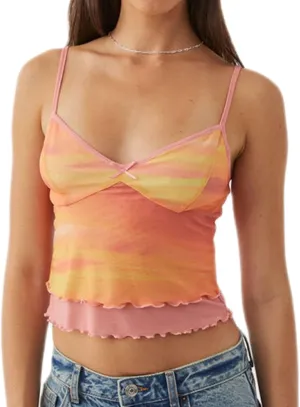 Women Floral Print Camisole Y2k V Neck Mesh Sheer Tank Top Coquette Spaghetti Strap Ruffle Layered Cami Tops