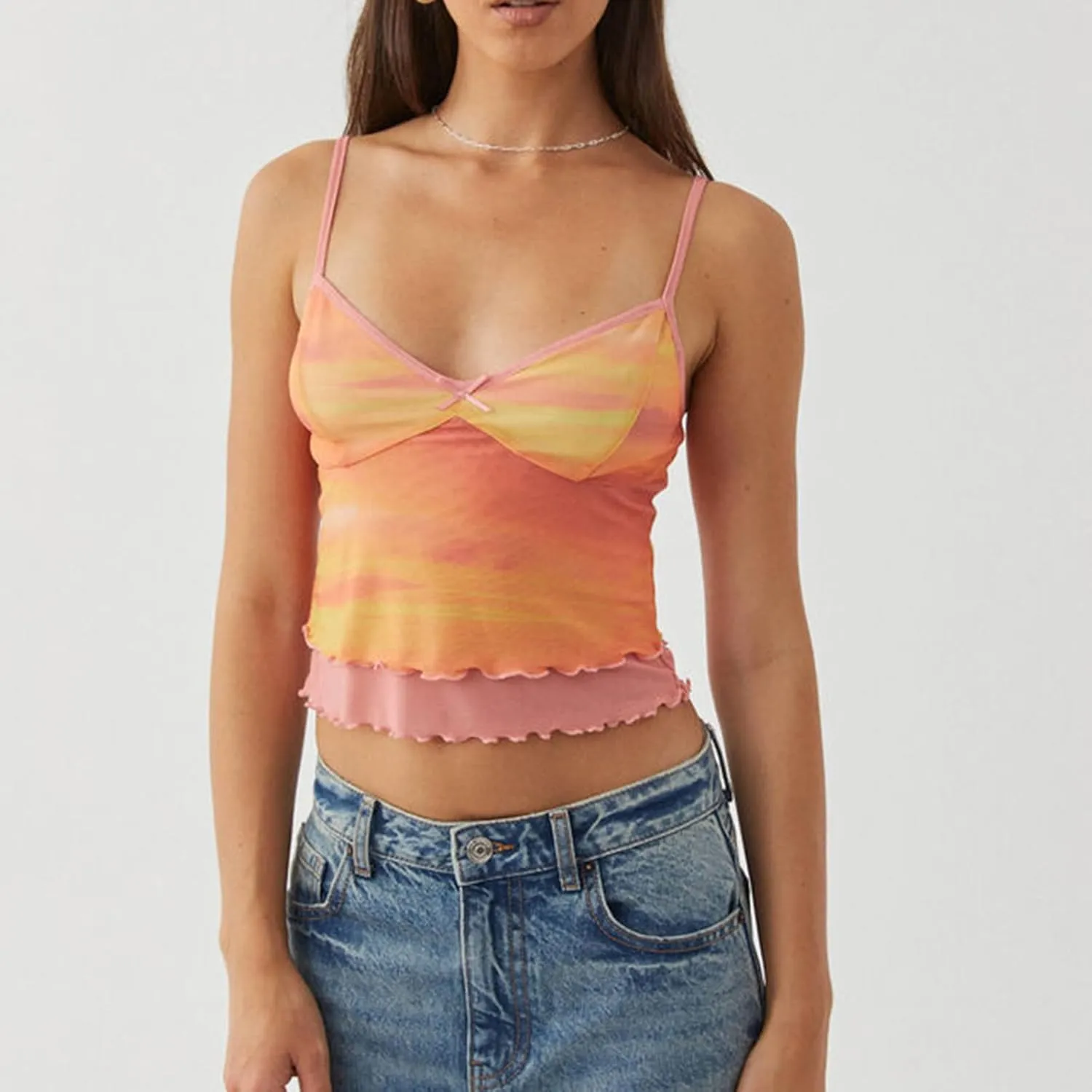 Women Floral Print Camisole Y2k V Neck Mesh Sheer Tank Top Coquette Spaghetti Strap Ruffle Layered Cami Tops