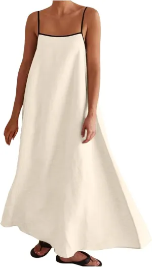 Women Linen Dress Sleeveless Spaghetti Straps Contrast Loose Flowy Maxi Dress Beach Vacation Sundresses