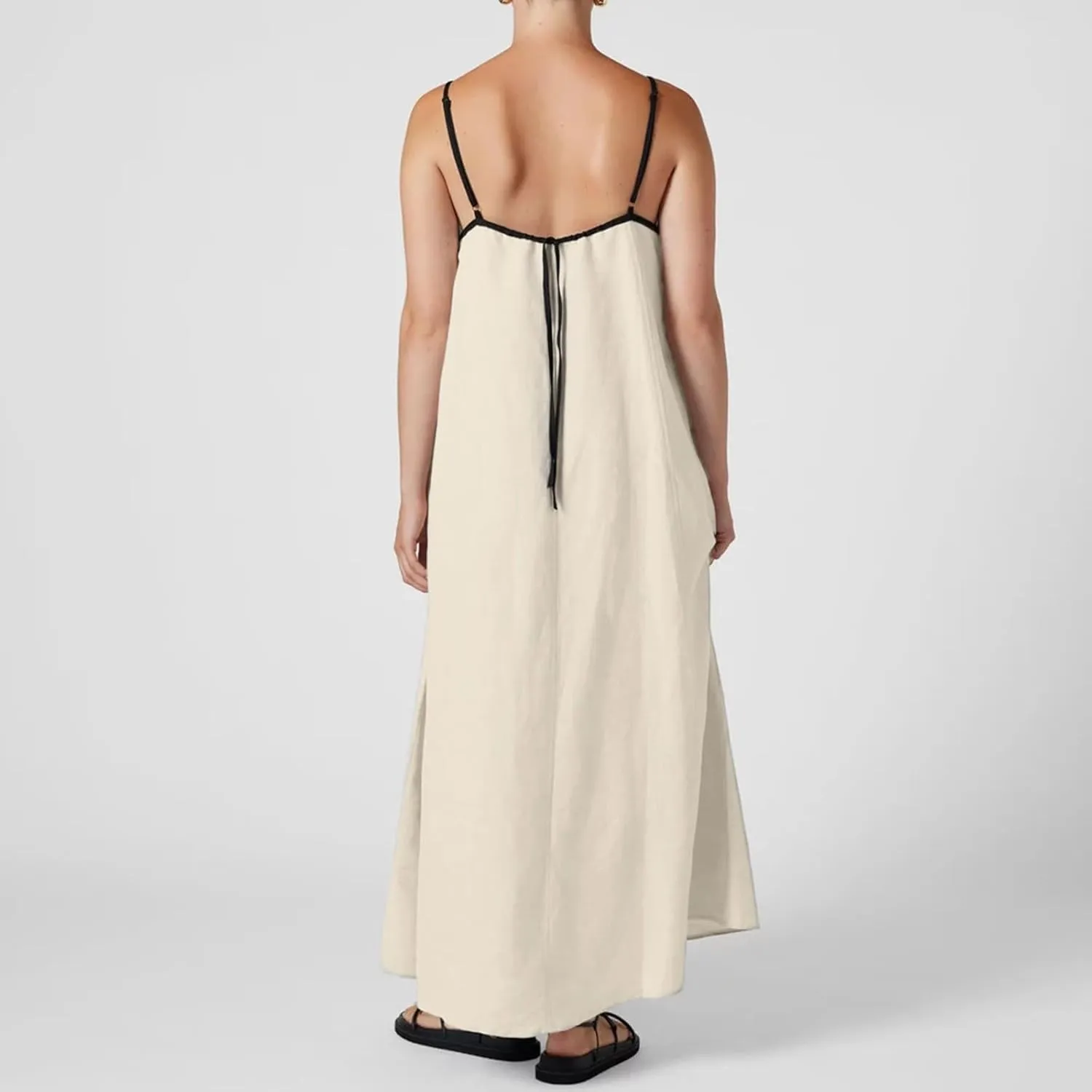 Women Linen Dress Sleeveless Spaghetti Straps Contrast Loose Flowy Maxi Dress Beach Vacation Sundresses