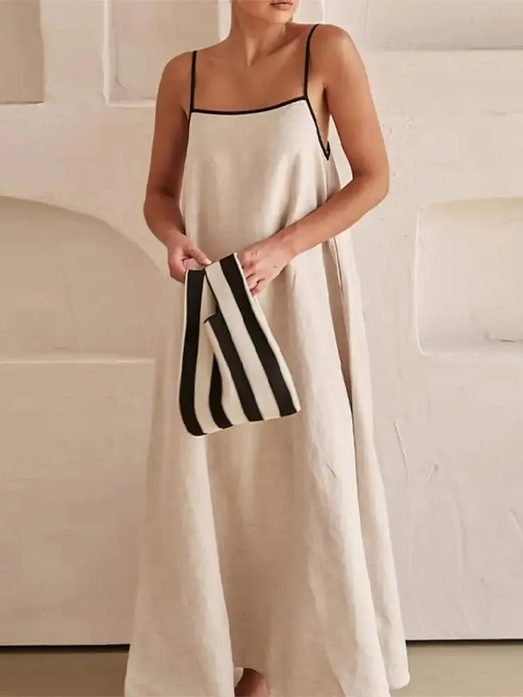 Women Linen Dress Sleeveless Spaghetti Straps Contrast Loose Flowy Maxi Dress Beach Vacation Sundresses