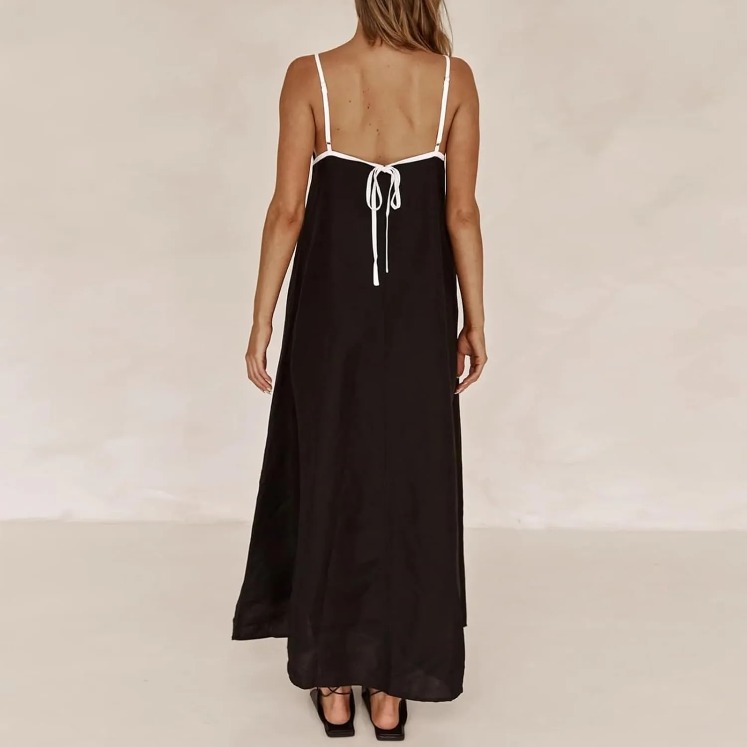 Women Linen Dress Sleeveless Spaghetti Straps Contrast Loose Flowy Maxi Dress Beach Vacation Sundresses