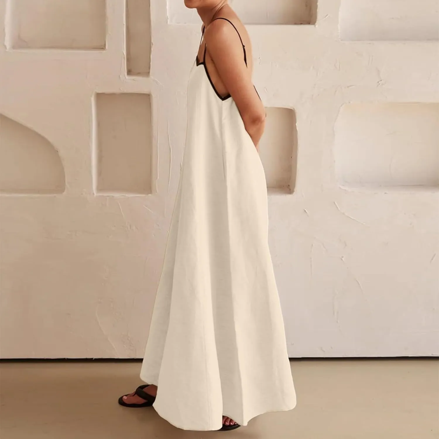 Women Linen Dress Sleeveless Spaghetti Straps Contrast Loose Flowy Maxi Dress Beach Vacation Sundresses
