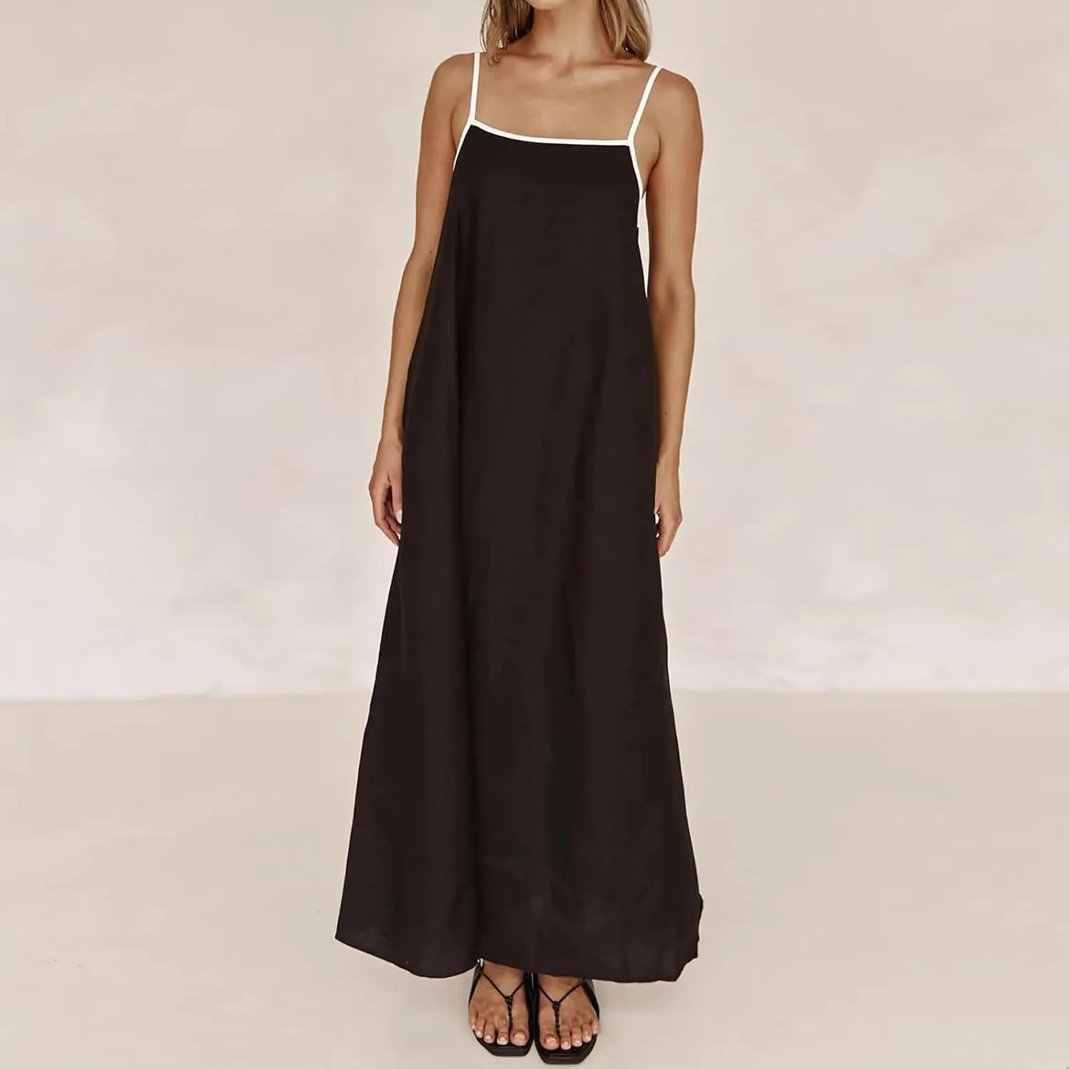 Women Linen Dress Sleeveless Spaghetti Straps Contrast Loose Flowy Maxi Dress Beach Vacation Sundresses