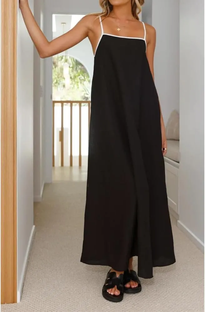 Women Linen Dress Sleeveless Spaghetti Straps Contrast Loose Flowy Maxi Dress Beach Vacation Sundresses