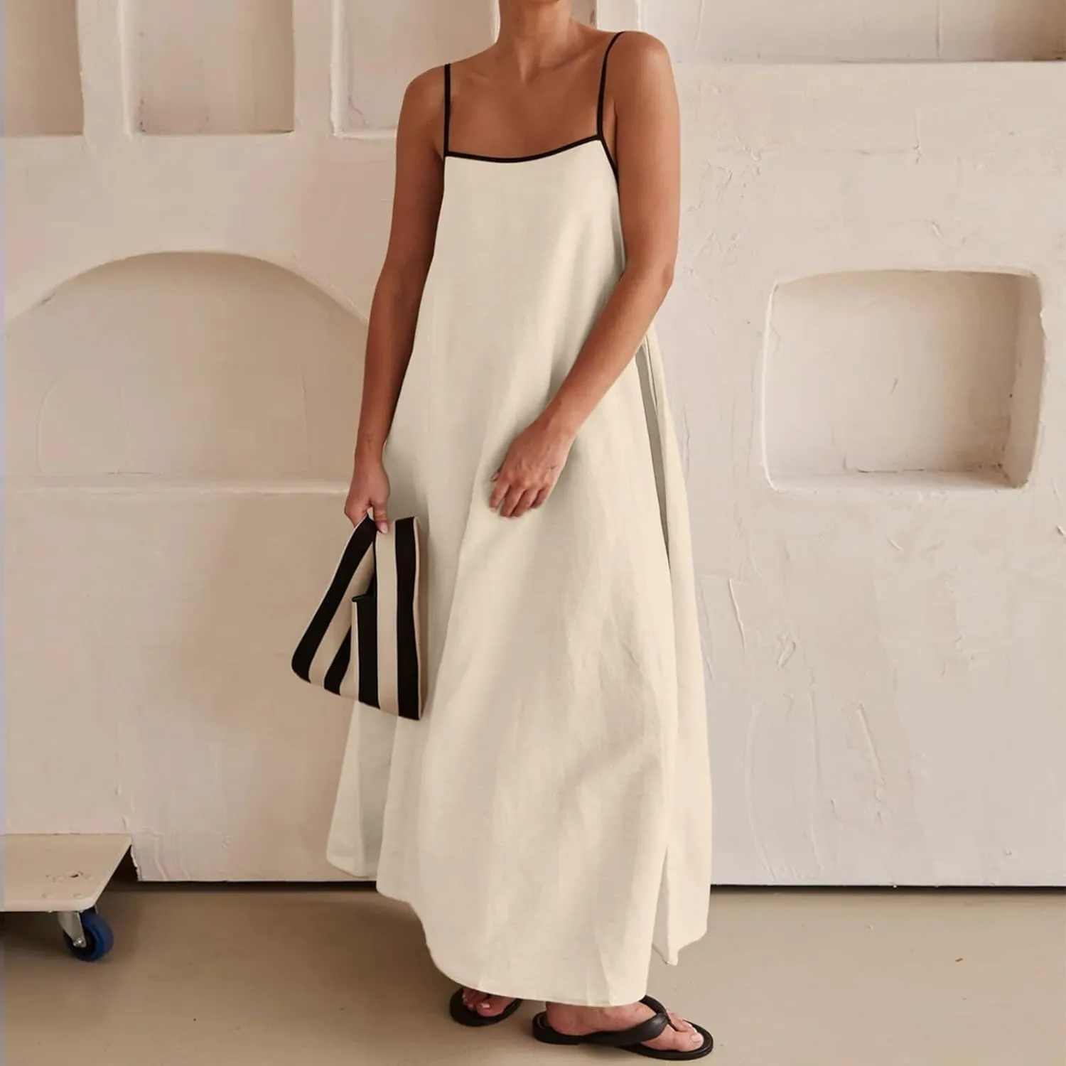 Women Linen Dress Sleeveless Spaghetti Straps Contrast Loose Flowy Maxi Dress Beach Vacation Sundresses