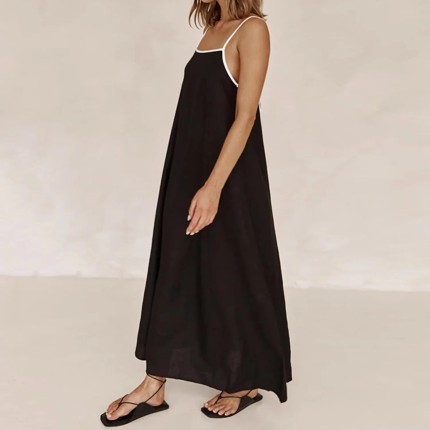 Women Linen Dress Sleeveless Spaghetti Straps Contrast Loose Flowy Maxi Dress Beach Vacation Sundresses