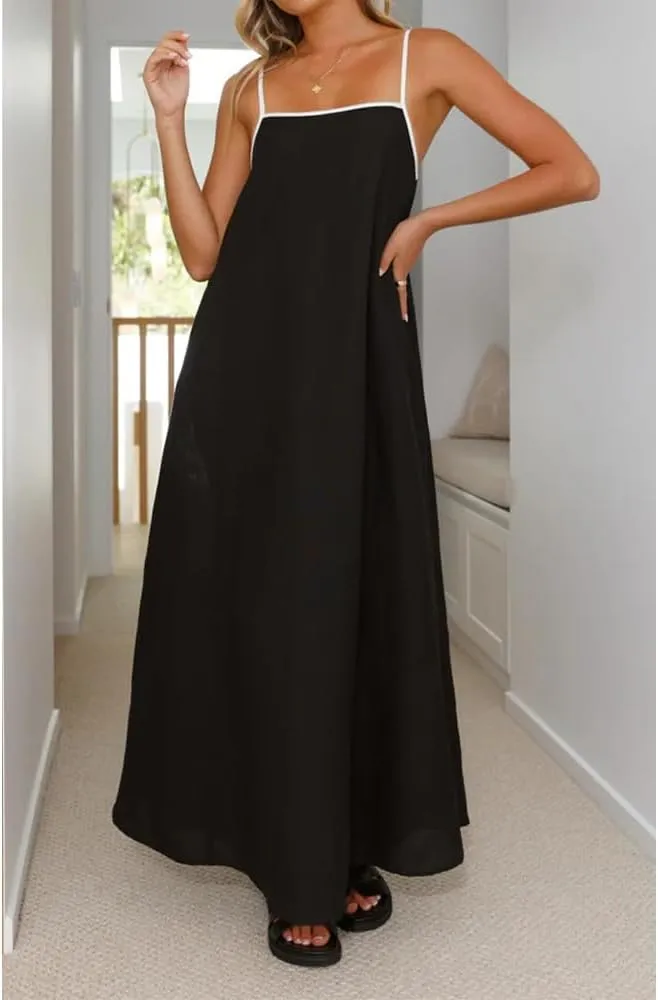 Women Linen Dress Sleeveless Spaghetti Straps Contrast Loose Flowy Maxi Dress Beach Vacation Sundresses