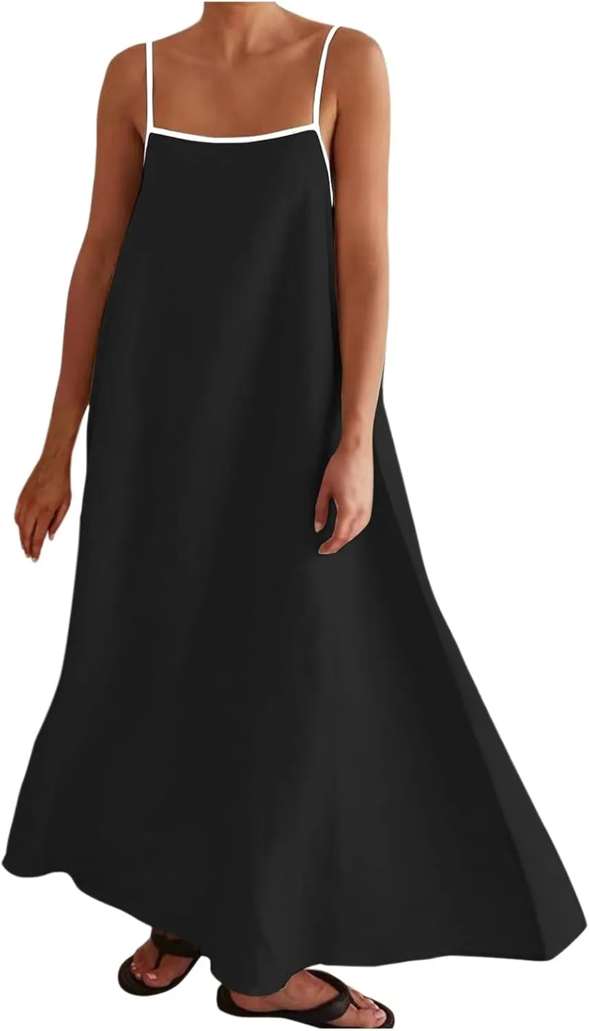 Women Linen Dress Sleeveless Spaghetti Straps Contrast Loose Flowy Maxi Dress Beach Vacation Sundresses