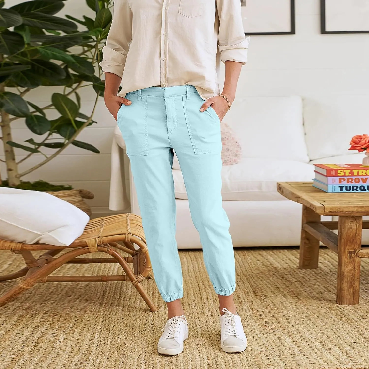 Women Linen Joggers Casual Cropped Linen Pants High Waisted Tapered Leg Jogger with Pockets Ankle Length Chino Pants