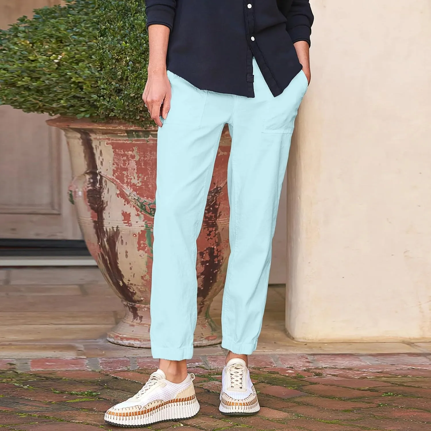 Women Linen Joggers Casual Cropped Linen Pants High Waisted Tapered Leg Jogger with Pockets Ankle Length Chino Pants