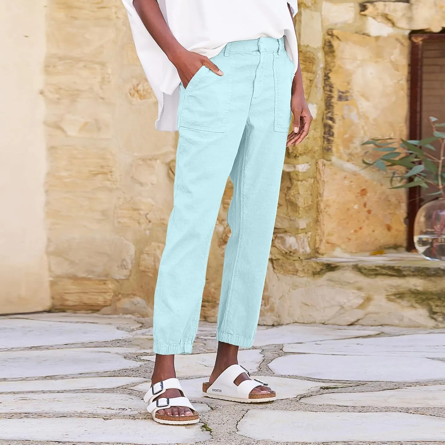 Women Linen Joggers Casual Cropped Linen Pants High Waisted Tapered Leg Jogger with Pockets Ankle Length Chino Pants