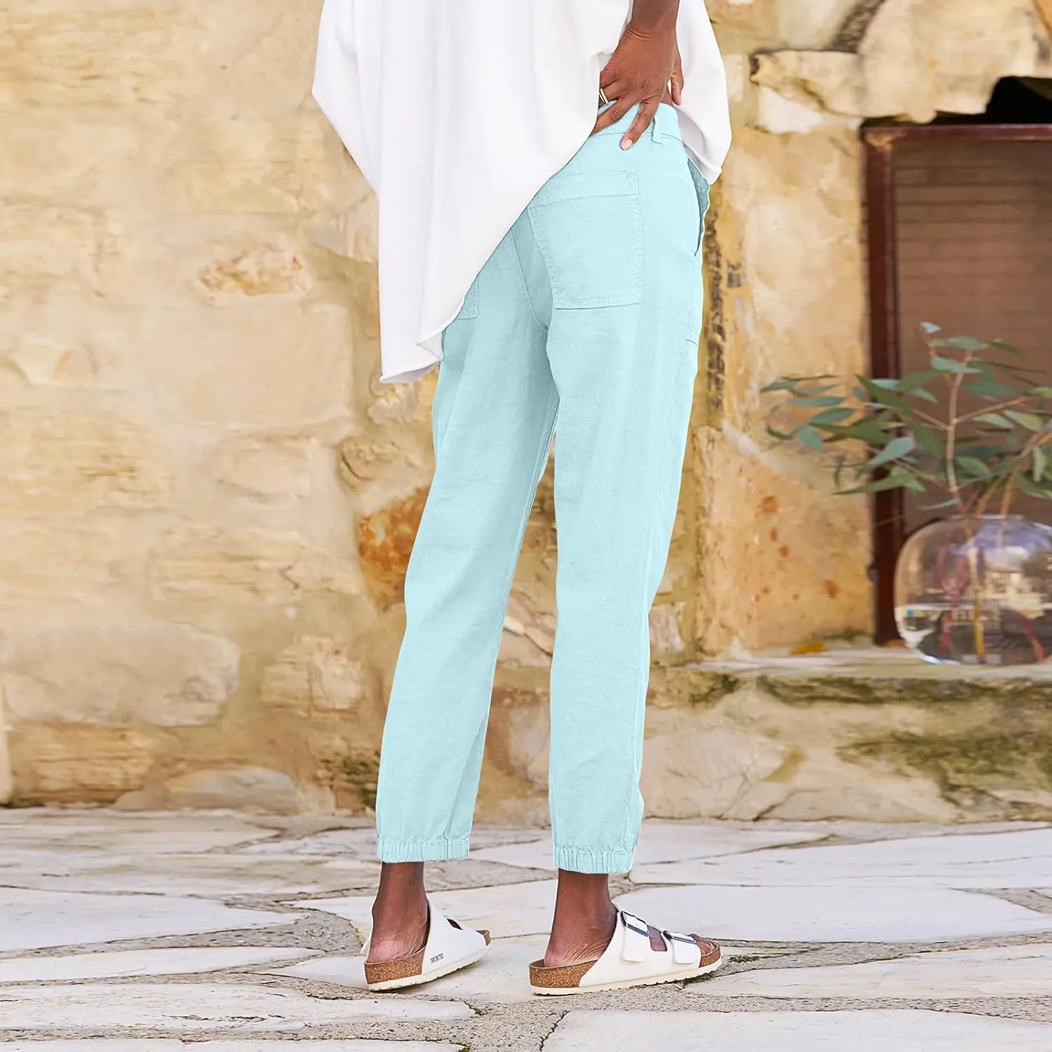 Women Linen Joggers Casual Cropped Linen Pants High Waisted Tapered Leg Jogger with Pockets Ankle Length Chino Pants