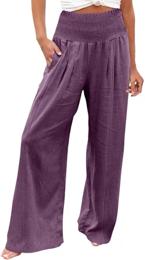 Women Linen Palazzo Pants Summer Wide Leg High Elastic Waist Casual Lounge Pant 2025 Beach Travel Vacation Outfits
