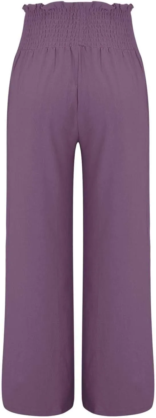 Women Linen Palazzo Pants Summer Wide Leg High Elastic Waist Casual Lounge Pant 2025 Beach Travel Vacation Outfits
