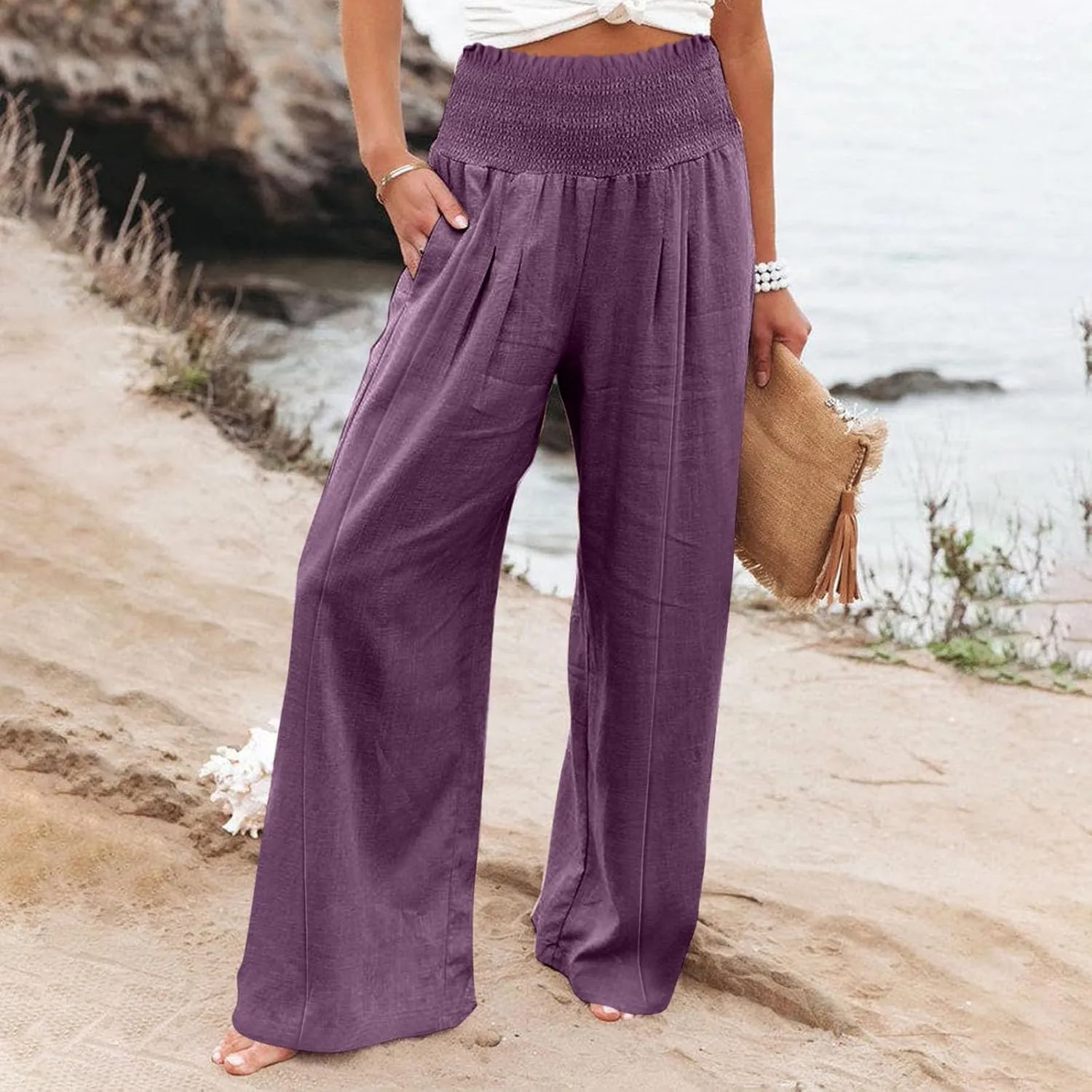 Women Linen Palazzo Pants Summer Wide Leg High Elastic Waist Casual Lounge Pant 2025 Beach Travel Vacation Outfits