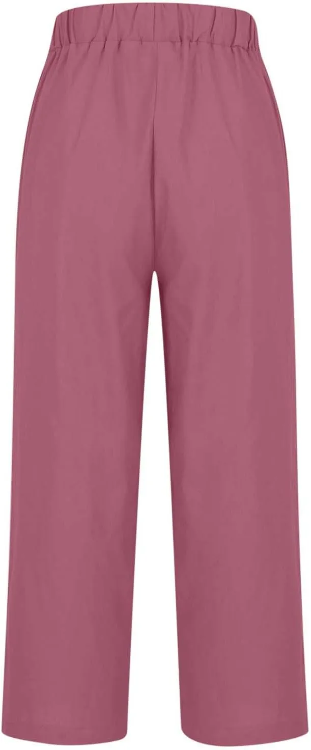 Women Linen Pants 2025 Summer Elastic Waist Straight Leg Lounge Pant Casual Lightweight Beach Trousers with Pockets