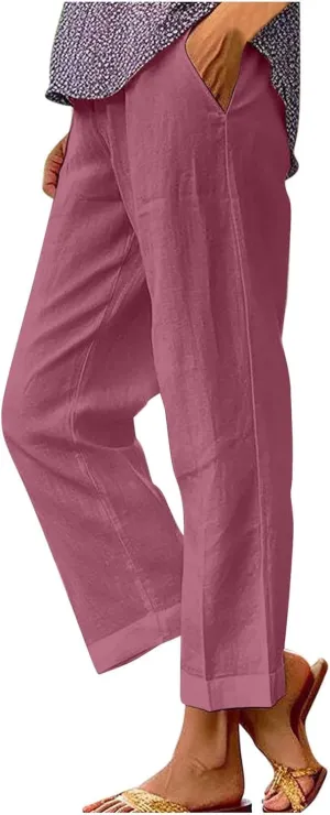 Women Linen Pants 2025 Summer Elastic Waist Straight Leg Lounge Pant Casual Lightweight Beach Trousers with Pockets