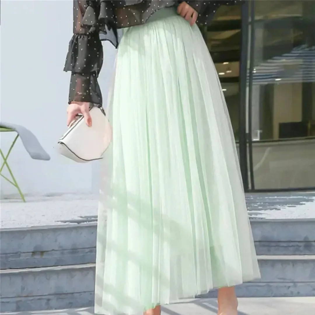 Women Mesh Elastic Skirt Beach Spring Summer High Waist Fashion Pleated Long Tulle Skirt
