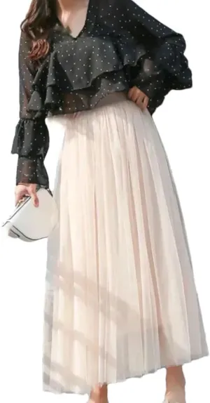 Women Mesh Elastic Skirt Beach Spring Summer High Waist Fashion Pleated Long Tulle Skirt