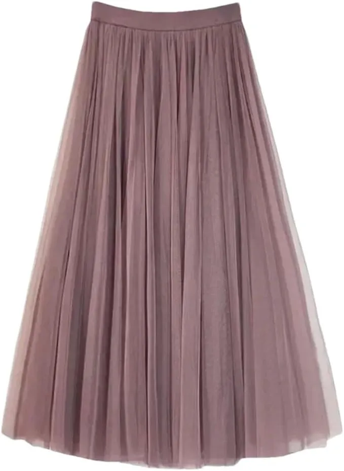 Women Mesh Elastic Skirt Beach Spring Summer High Waist Fashion Pleated Long Tulle Skirt
