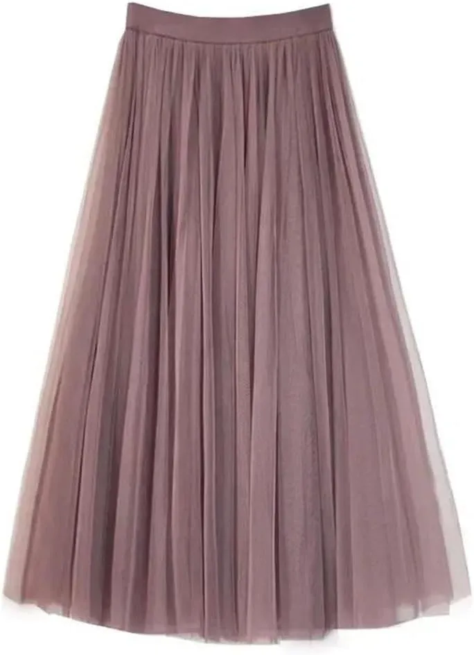 Women Mesh Elastic Skirt Beach Spring Summer High Waist Fashion Pleated Long Tulle Skirt