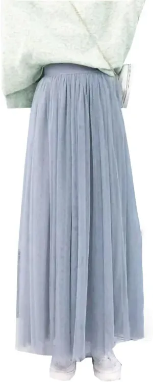 Women Mesh Elastic Skirt Beach Spring Summer High Waist Fashion Pleated Long Tulle Skirt