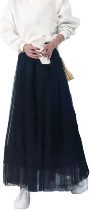 Women Mesh Elastic Skirt Beach Spring Summer High Waist Fashion Pleated Long Tulle Skirt