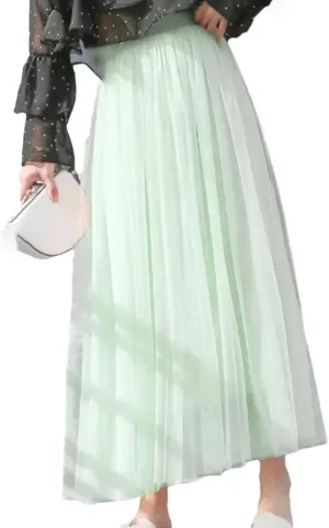 Women Mesh Elastic Skirt Beach Spring Summer High Waist Fashion Pleated Long Tulle Skirt