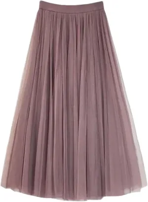 Women Mesh Elastic Skirt Beach Spring Summer High Waist Fashion Pleated Long Tulle Skirt
