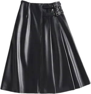 Women Mid-Length Leather Skirts High Waisted Sheepskin Buckle A-Line Asymmetric Pleated Leather Skirt