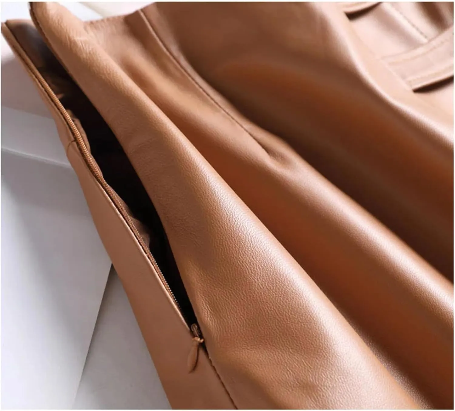 Women Mid-Length Leather Skirts High Waisted Sheepskin Buckle A-Line Asymmetric Pleated Leather Skirt