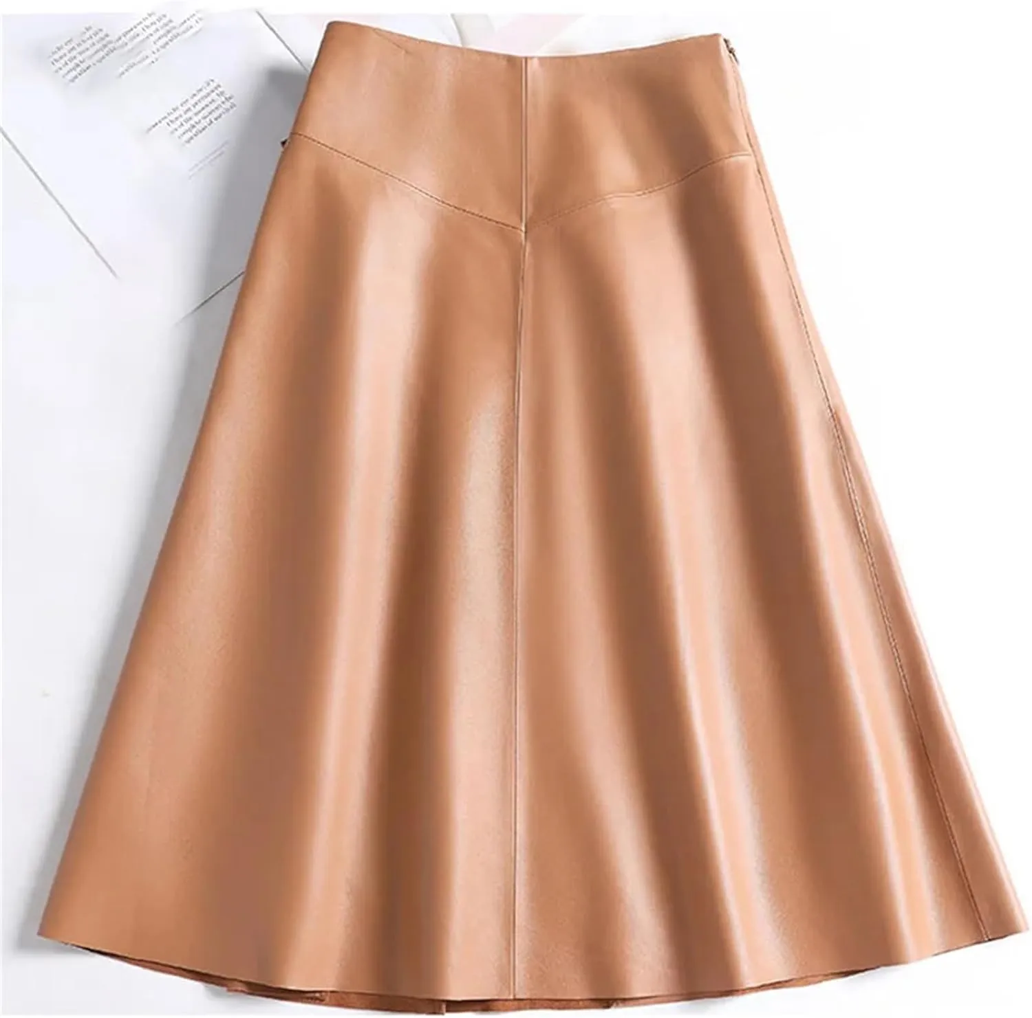 Women Mid-Length Leather Skirts High Waisted Sheepskin Buckle A-Line Asymmetric Pleated Leather Skirt
