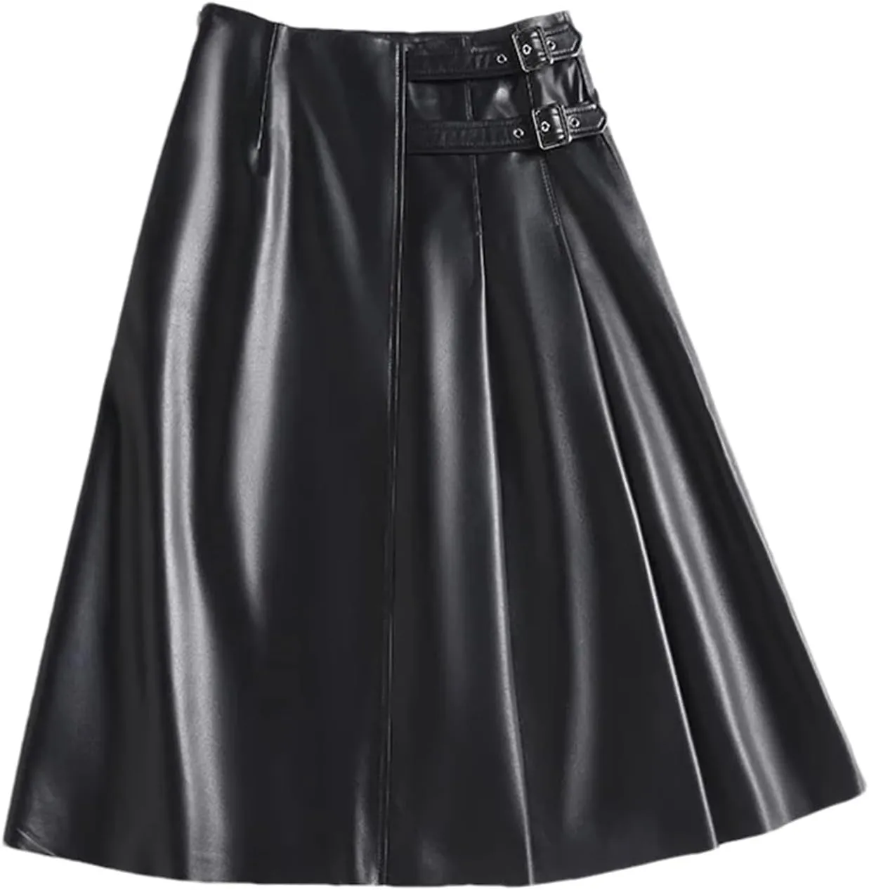Women Mid-Length Leather Skirts High Waisted Sheepskin Buckle A-Line Asymmetric Pleated Leather Skirt