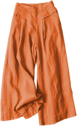 Women' s Culottes Linen Blend Wide Leg Pants Elastic Waist Casual High Waisted Palazzo Trousers with Pockets for Women