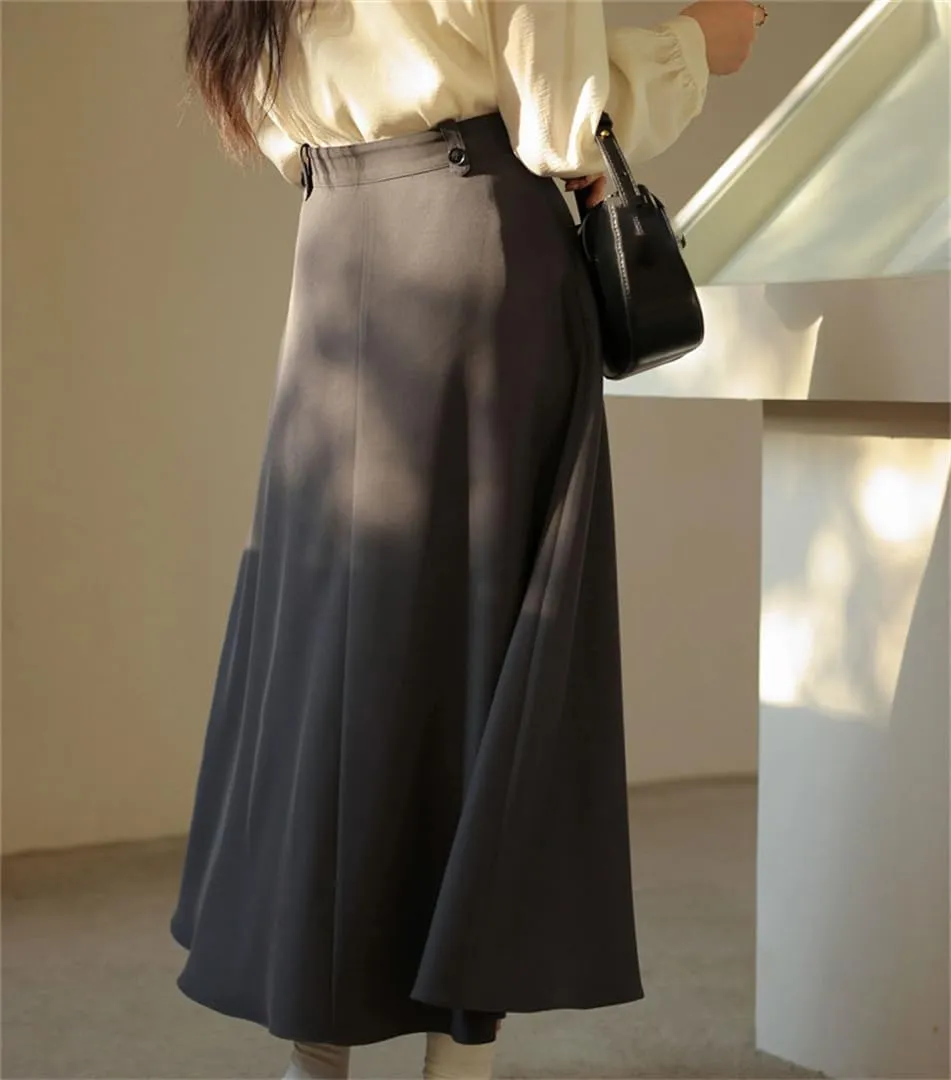 Women Spring High Waist A-Line Midi Skirt Flowy Pleated Skirt Petite-Friendly Slimming Hip-Covering Swing Skirt