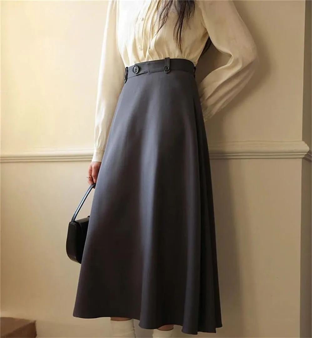 Women Spring High Waist A-Line Midi Skirt Flowy Pleated Skirt Petite-Friendly Slimming Hip-Covering Swing Skirt