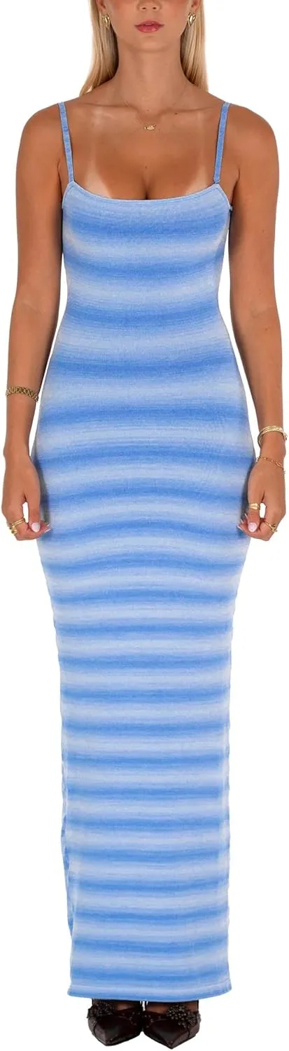 Women Summer Striped Knit Dress Sexy Crochet Bodycon Backless Maxi Dress Y2k Spaghetti Strap Beach Long Sundresses
