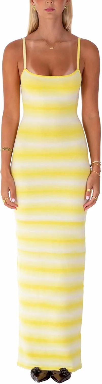Women Summer Striped Knit Dress Sexy Crochet Bodycon Backless Maxi Dress Y2k Spaghetti Strap Beach Long Sundresses